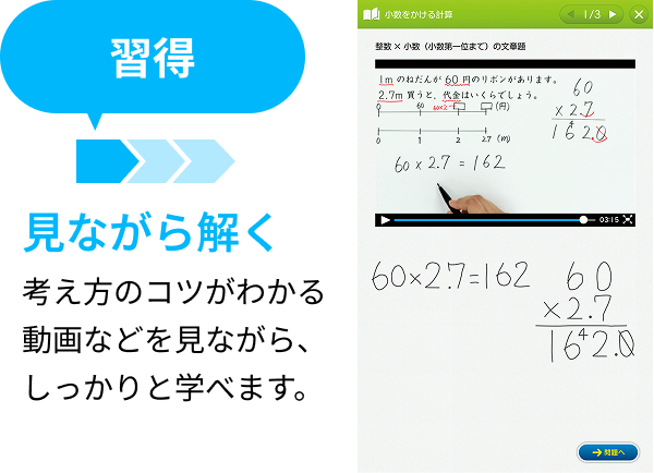 習得：見ながら解く。考え方のコツがわかる動画などを見ながら、しっかりと学べます。