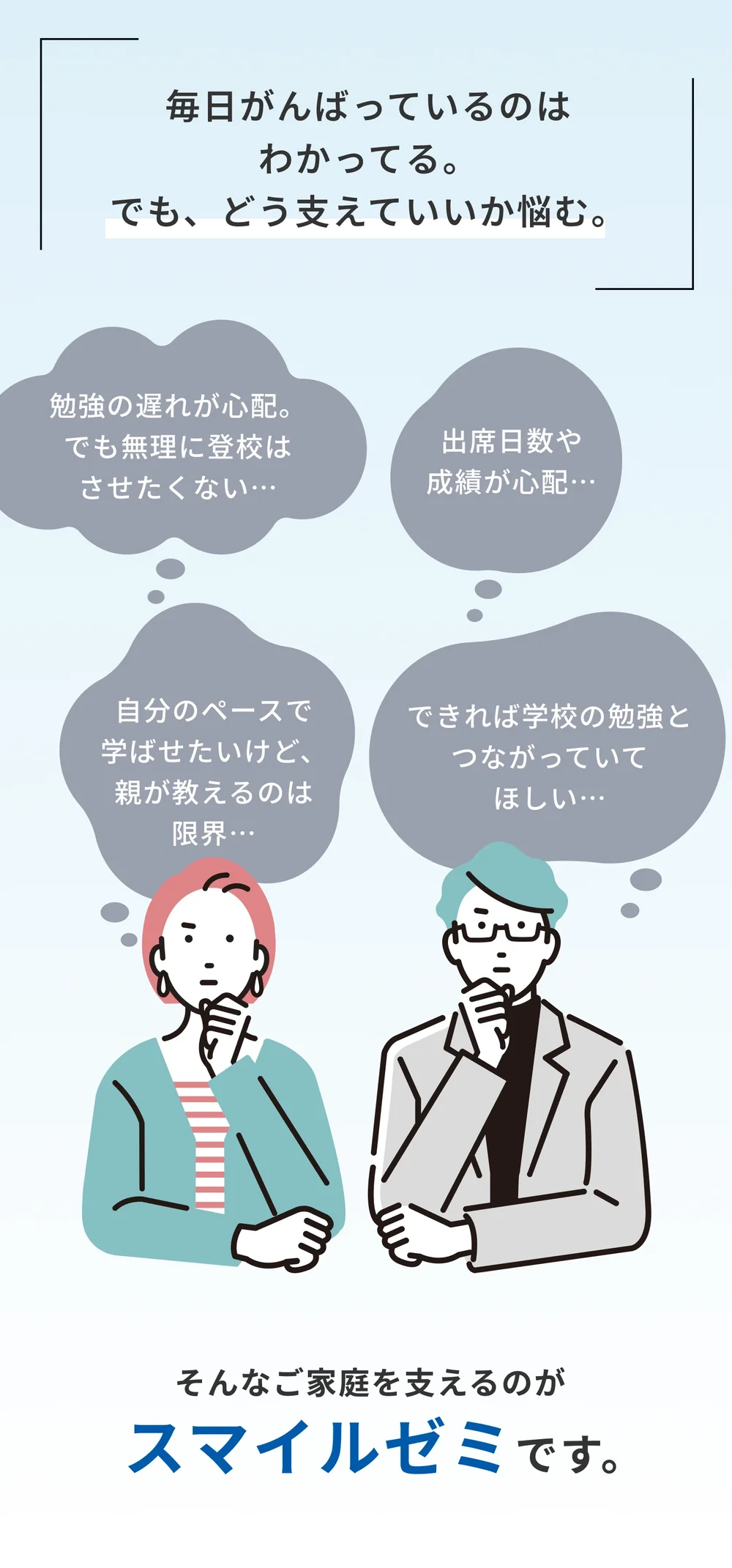 毎日がんばっているのはわかってる。でも、どう支えていいか悩む。勉強の遅れが心配。でも無理に登校はさせたくない…出席日数や成績が心配…自分のペースで学ばせたいけど、親が教えるのは限界…できれば学校の勉強とつながっていてほしい…そんなご家庭を支えるのがスマイルゼミです。