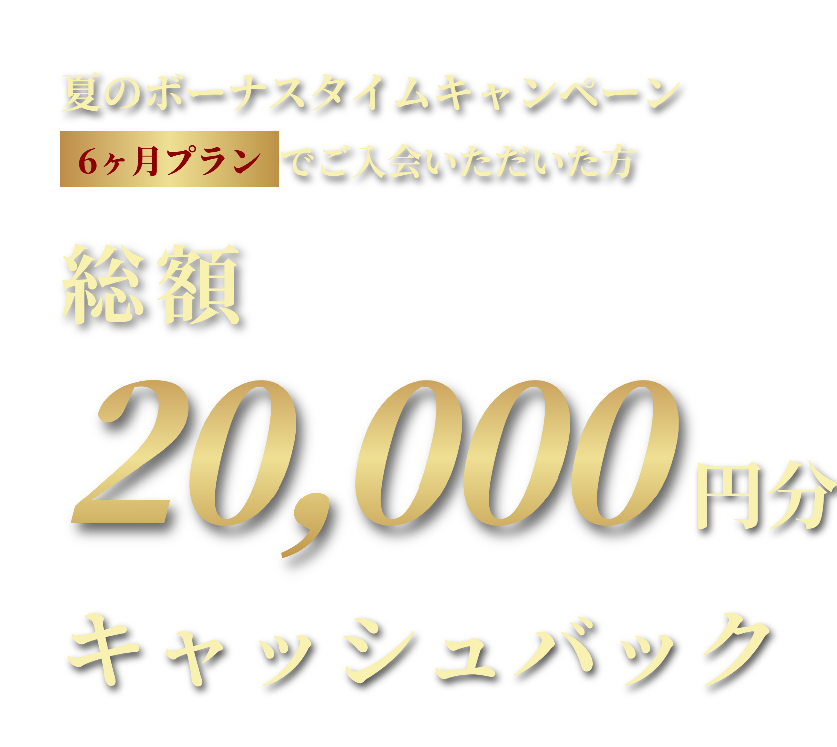 6ヶ月プランでご入会いただいた方全員に最大20,000円分キャッシュバック