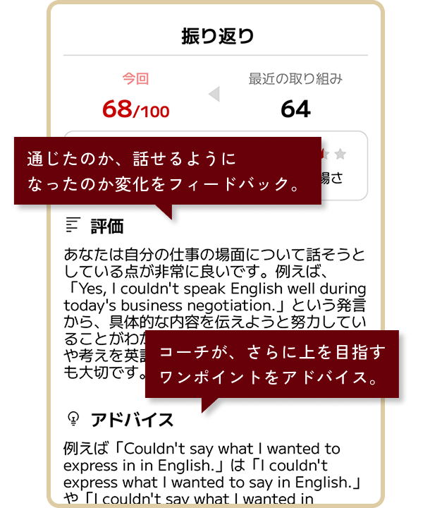 トークレッスンのイメージ画像。通じたのか、話せるようになったのか変化をフィードバック。コーチが、さらに上を目指すワンポイントをアドバイス。