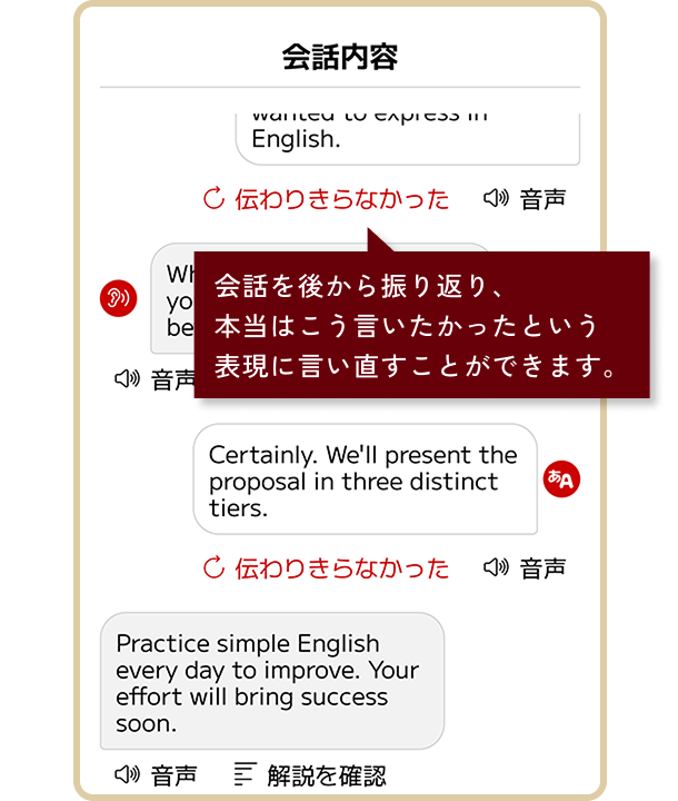 トークレッスンのイメージ画像。会話を後から振り返り、本当はこう言いたかったという表現に言い直すことができます。