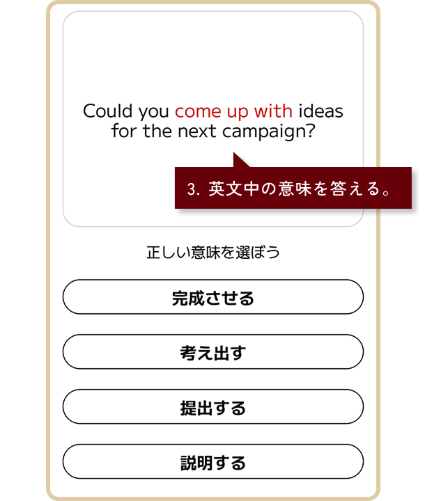 単語/フレーズ・トレーニングのイメージ画像。3.英文中の意味を答える。