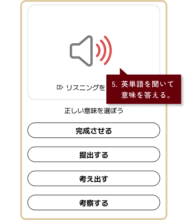 単語/フレーズ・トレーニングのイメージ画像。5.英単語を聞いて意味を答える。