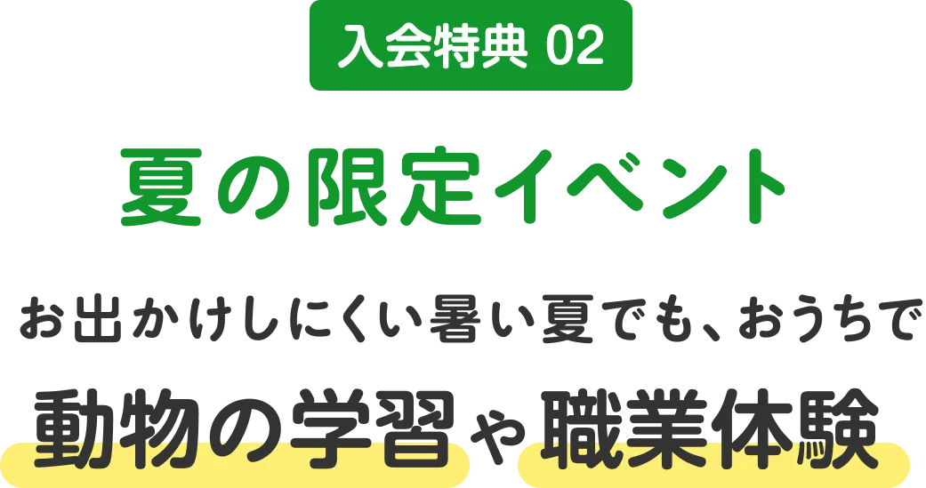 入会特典 02 夏の限定イベントお出かけしにくい暑い夏でも、おうちで動物の学習や職業体験