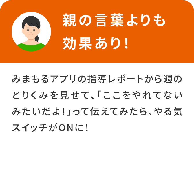親の言葉よりも効果あり！みまもるアプリの指導レポートから週のとりくみを見せて、「ここをやれてないみたいだよ！」って伝えてみたら、やる気スイッチがONに！