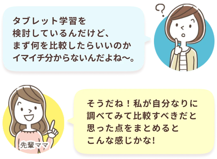 あなた：タブレット学習を検討しているんだけど、まず何を比較したらいいのかイマイチ分からないんだよね〜。　先輩ママ：そうだね！私が自分なりに調べてみて比較すべきだと思った点をまとめるとこんな感じかな!