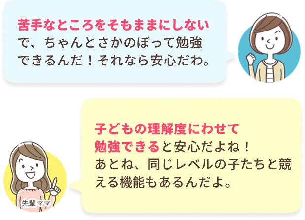 あなた：苦手なところをそもままにしないで、ちゃんとさかのぼって勉強できるんだ！それなら安心だわ。　先輩ママ：子どもの理解度にわせて勉強できると安心だよね！あとね、同じレベルの子たちと競ったり出来る機能もあるんだよ。