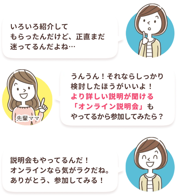 あなた：いろいろ紹介してもらったんだけど、正直まだ迷ってるんだよね…　先輩ママ：うんうん！それならしっかり検討したほうがいいよ！より詳しい説明が聞ける「オンライン説明会」もやってるから参加してみたら？　あなた：説明会もやってるんだ！オンラインなら気がラクだね。ありがとう、参加してみる！
