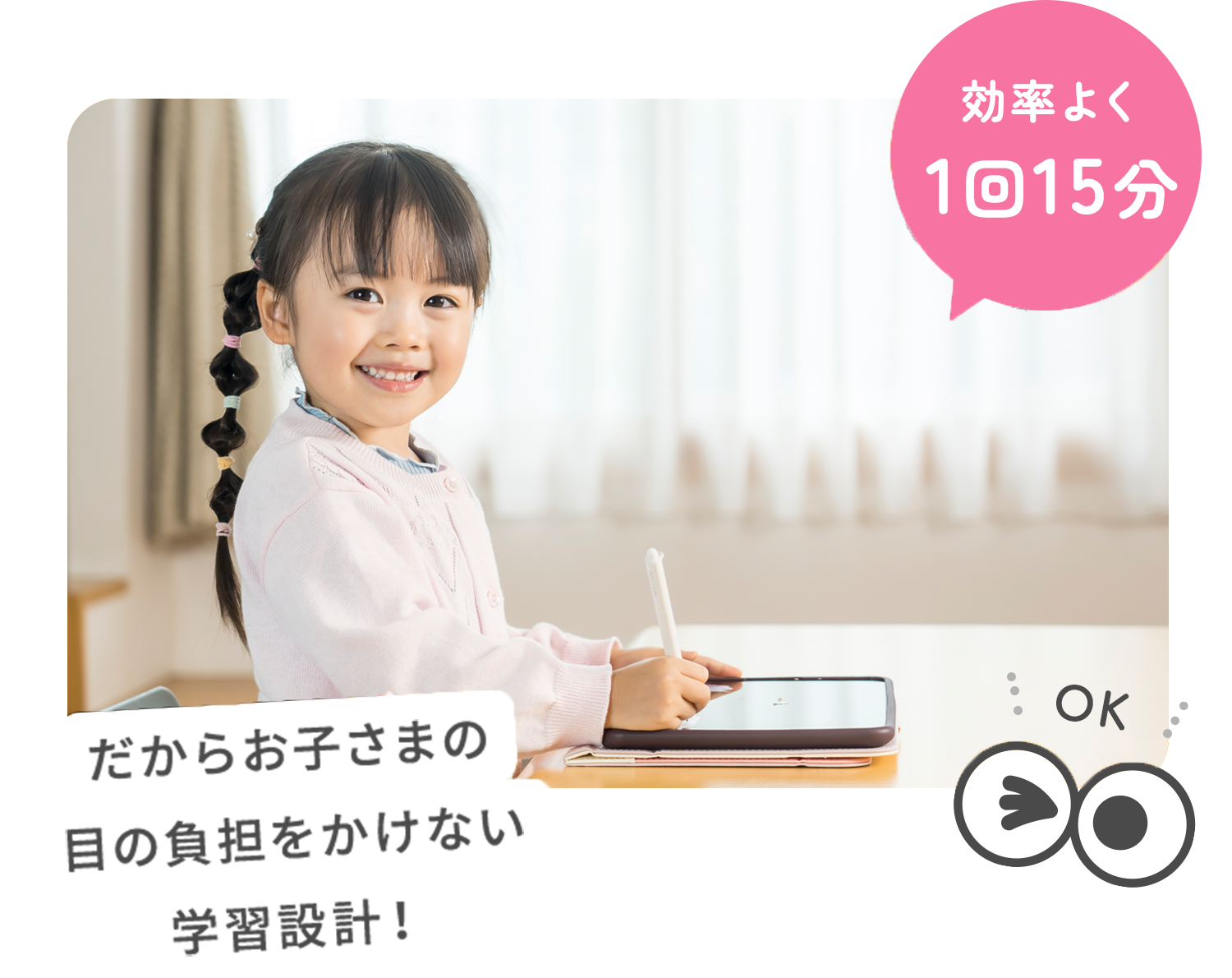 効率よく1回15分 だからお子さまの目の負担をかけない学習設計！