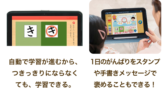 自動で学習が進むから、つきっきりにならなくても、学習できる。　1日のがんばりをスタンプや手書きメッセージで褒めることもできる！